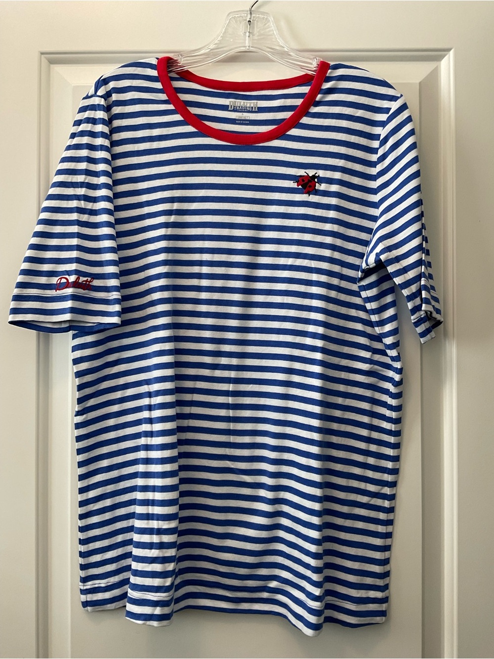 Duluth Trading Co Blue & White Striped Short Sleeve Tee with Red Trim